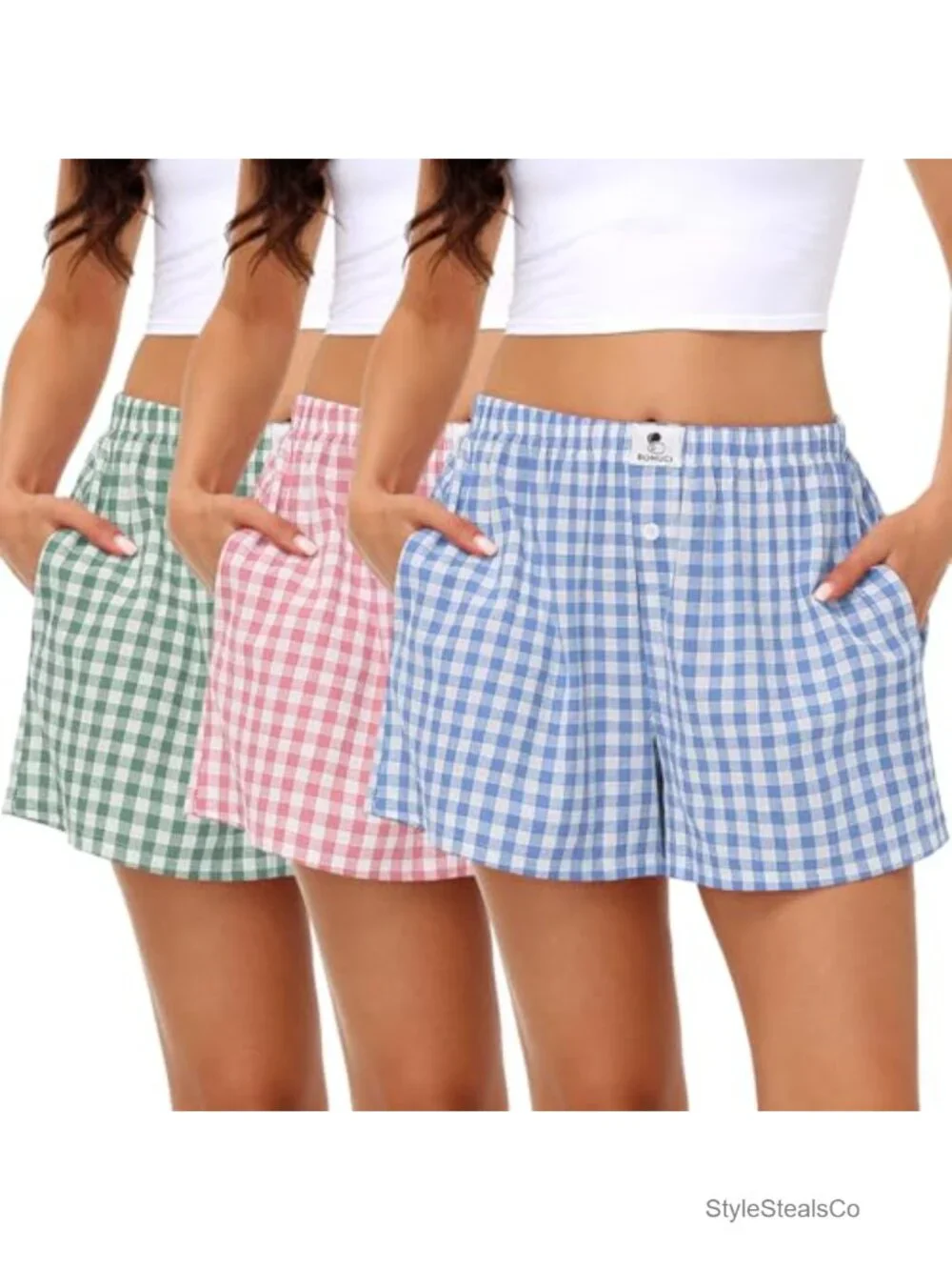 3pk Women Cotton Gingham Boxer Pajama Shorts with Pockets Y2K Lounge